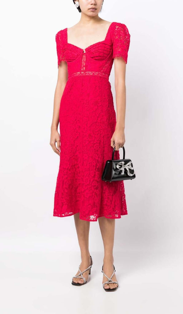 CREPE-TEXTURE LACED MIDI DRESS IN RED DRESS OH CICI 