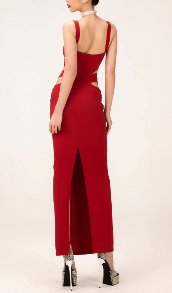 CRTSRAL EMBELLISHED HOLLOW MIDI DRESS IN WINE DRESS OH CICI