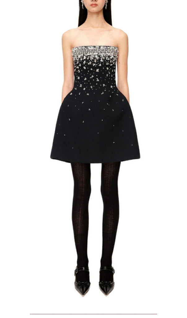 CRYSTAL BEADING STRAPLESS MINI DRESS IN BLACK DRESS OH CICI 