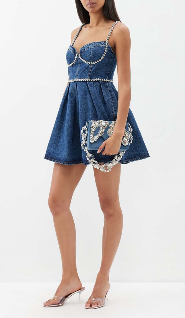 CRYSTAL-EMBELLISHED DENIM MINI DRESS IN BLUE DRESS OH CICI 