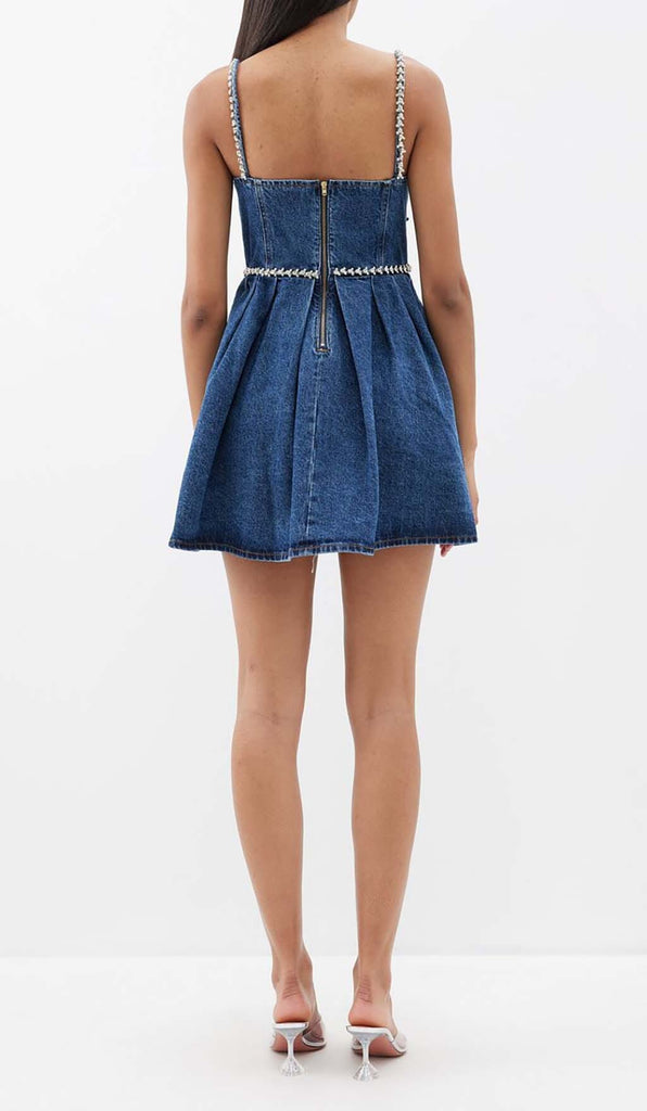 CRYSTAL-EMBELLISHED DENIM MINI DRESS IN BLUE DRESS OH CICI 