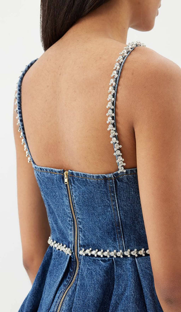 CRYSTAL-EMBELLISHED DENIM MINI DRESS IN BLUE DRESS OH CICI 