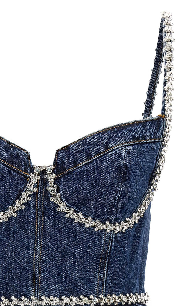 CRYSTAL-EMBELLISHED DENIM MINI DRESS IN BLUE DRESS OH CICI 