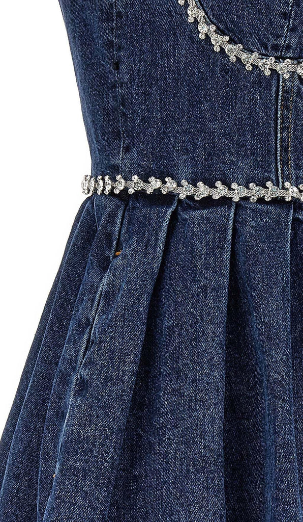 CRYSTAL-EMBELLISHED DENIM MINI DRESS IN BLUE DRESS OH CICI 