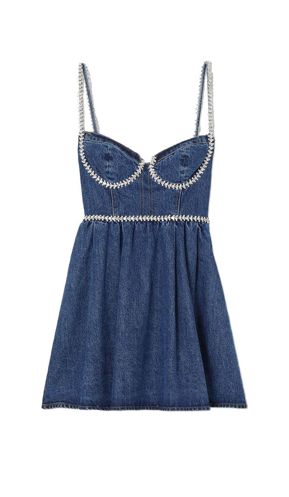 CRYSTAL-EMBELLISHED DENIM MINI DRESS IN BLUE DRESS OH CICI 