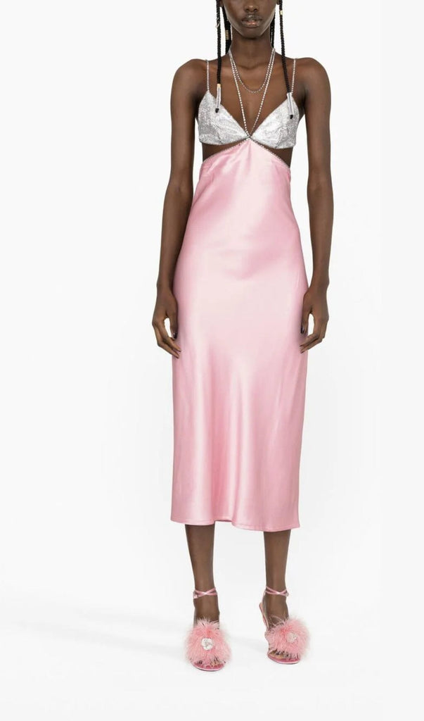 CRYSTAL-EMBELLISHED SLIP MIDI DRESS IN PINK DRESS OH CICI 