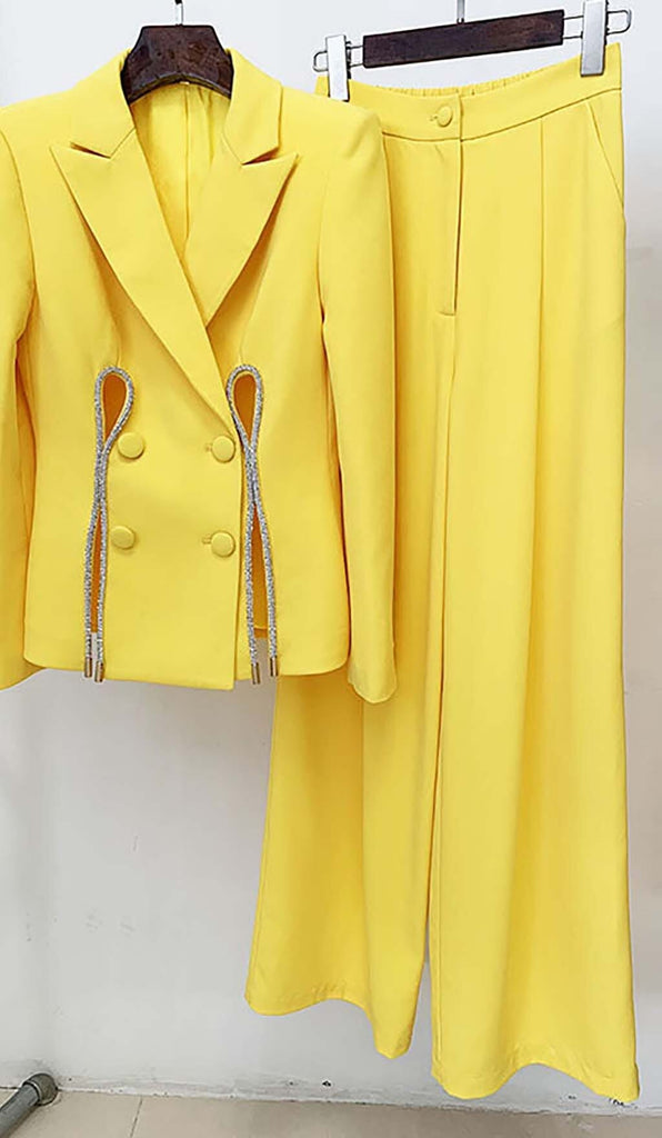 CRYSTAL TRIM CUTOUT JACKET SUIT IN YELLOW OH CICI