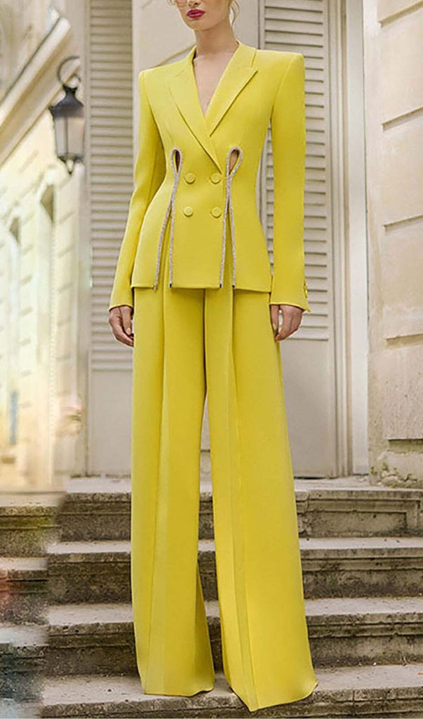 CRYSTAL TRIM CUTOUT JACKET SUIT IN YELLOW OH CICI