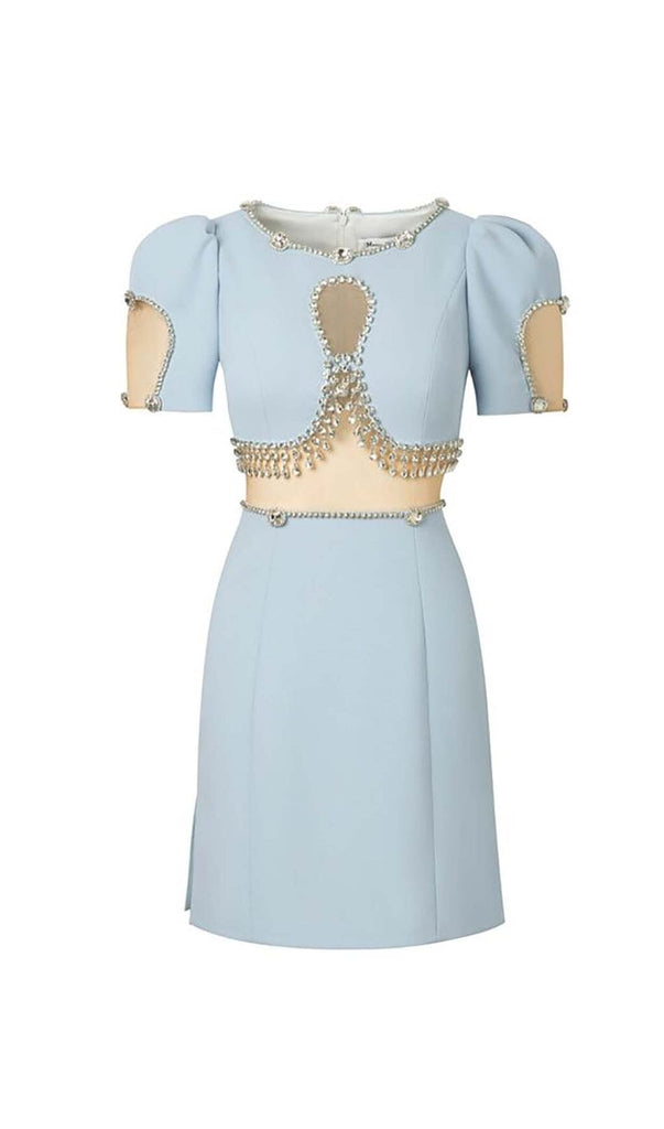 CRYSTAL TRIM CUTOUT MINI DRESS IN SKY BLUE DRESS STYLE OF CB 