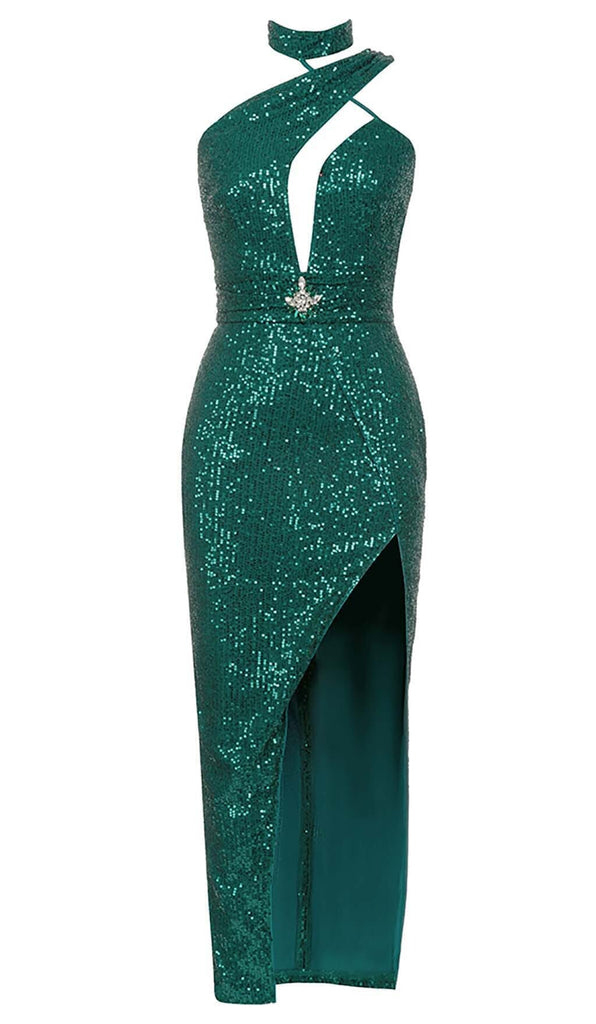 CUT OUT SEQUINS MAXI DRESS IN FOREST GREEN DRESS ohcici 