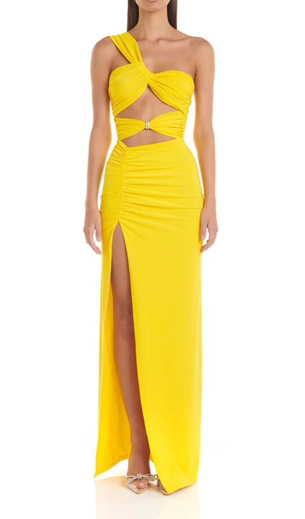 CUTOUT ONE-SHOULDER MIDI DRESS IN LEMON DRESS OH CICI 