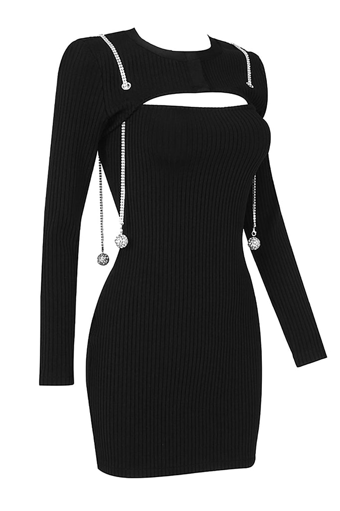 Black Diamond Chain Hollow Long Sleeves Mini Bandage Dress-TOPS & SKIRTS-Oh CICI SHOP