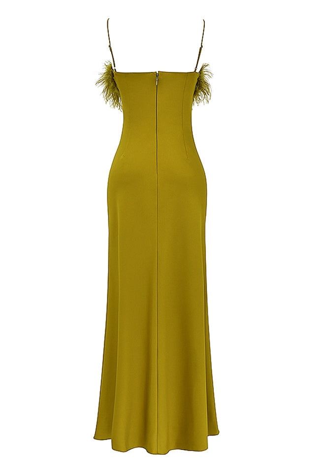 CHARTREUSE STRAPPY FEATHER-TRIM MAXI DRESS-Gowns-Oh CICI SHOP