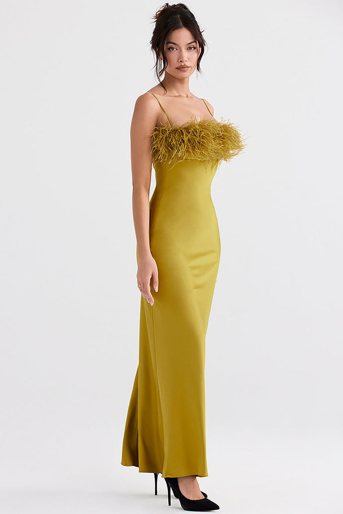 CHARTREUSE STRAPPY FEATHER-TRIM MAXI DRESS-Gowns-Oh CICI SHOP