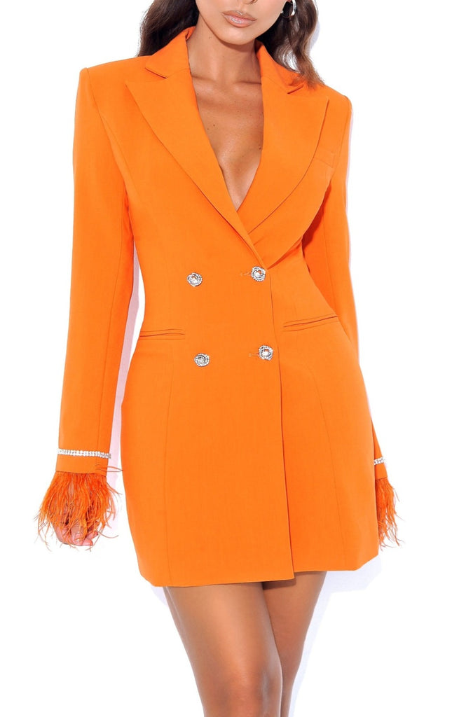 Quilla Orange Feather Crystal Sleeve Backless Blazer Dress-Dresses-Oh CICI SHOP