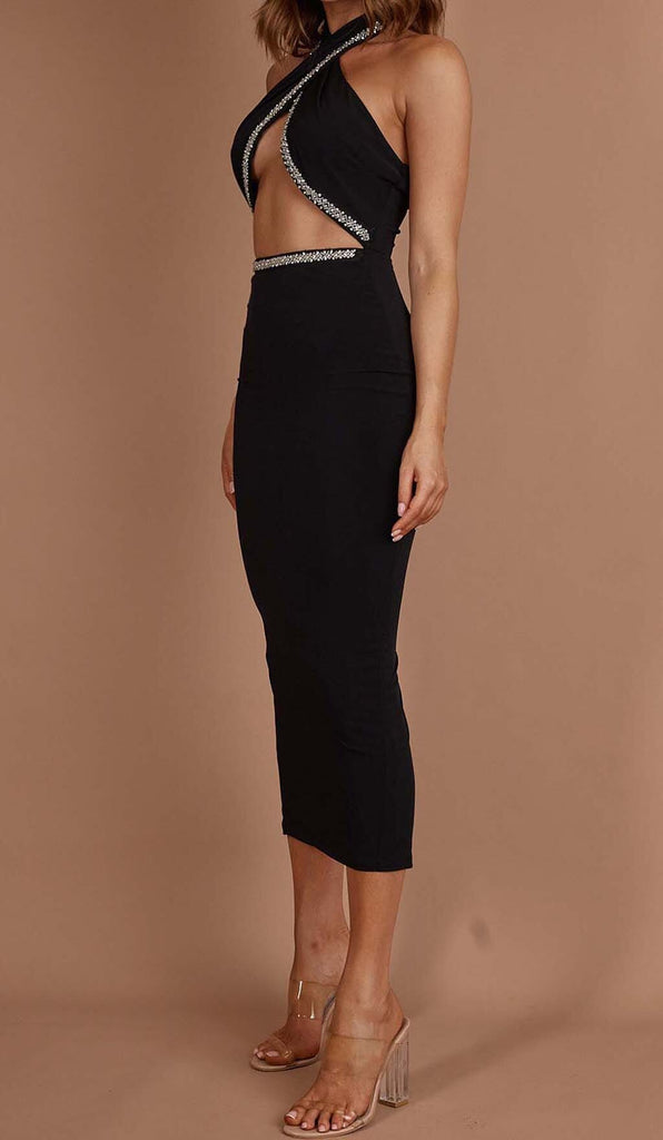 DIAMANTE TRIM MIDI DRESS IN BLACK DRESS ohcici 