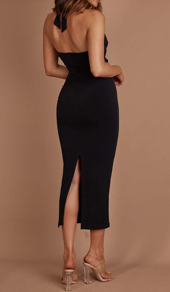 DIAMANTE TRIM MIDI DRESS IN BLACK DRESS ohcici 