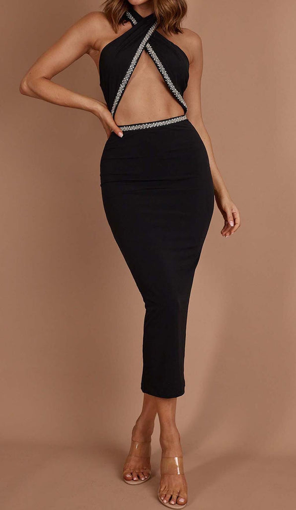 DIAMANTE TRIM MIDI DRESS IN BLACK DRESS ohcici 