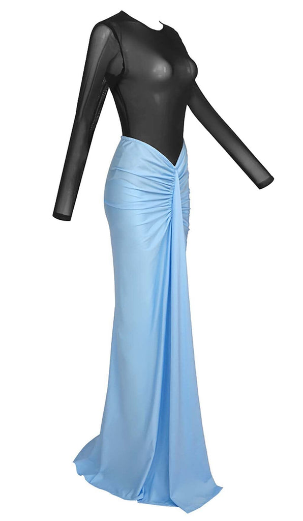 DROPPED WAIST RUCHED MAXI DRESS IN BLUE DRESS ohcici 