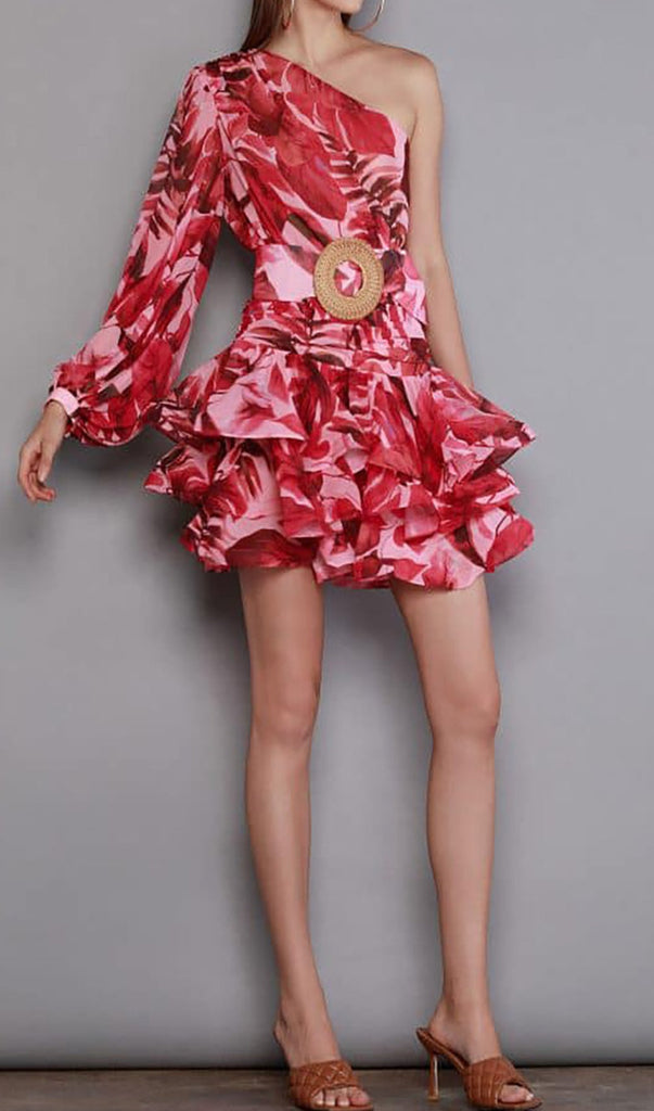 RED DIAGONAL COLLAR FLORAL PRINT MINI DRESS-Dresses-Oh CICI SHOP