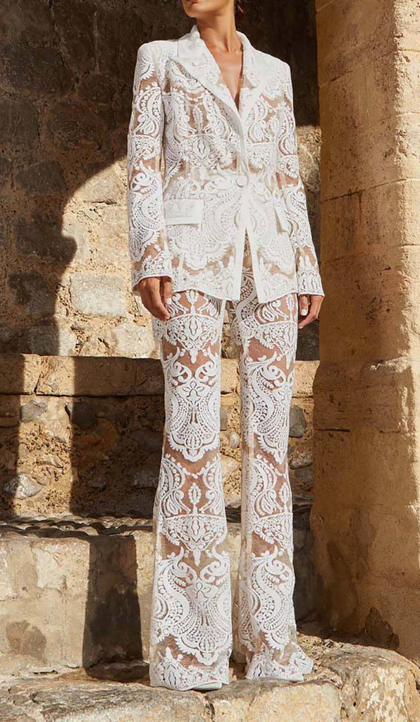 EMBROIDERED LACE MESH JACKET SUIT IN WHITE DRESS STYLE OF CB 