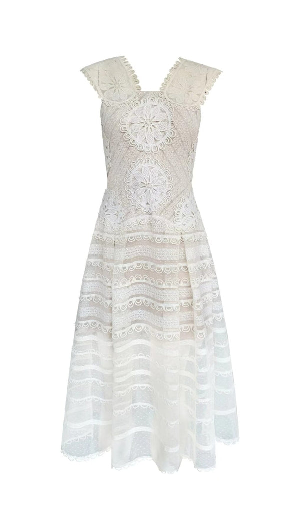EMBROIDERY TIERED MIDI DRESS IN IVORY WHITE DRESS OH CICI