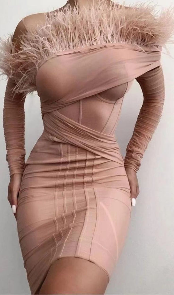 FEATHER LONG SLEEVE BANDAGE MINI DRESS IN BLUSH PINK-Dresses-Oh CICI SHOP