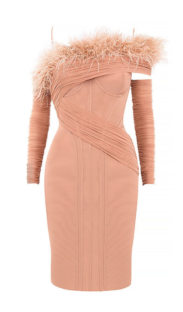 FEATHER LONG SLEEVE BANDAGE MINI DRESS IN BLUSH PINK-Dresses-Oh CICI SHOP