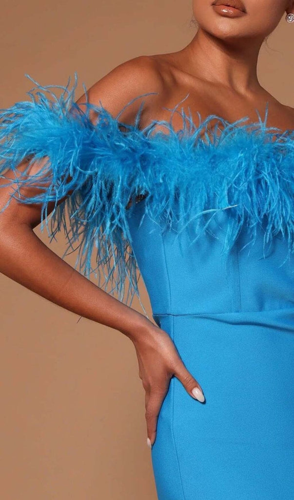 FEATHER TRIM OFF THE SHOULDER HIGH LOW DRESS IN BLUE DRESS OH CICI