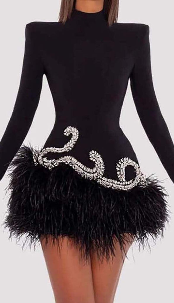 FEATHER VELVET GLOVES MINI DRESS IN BLACK DRESS OH CICI