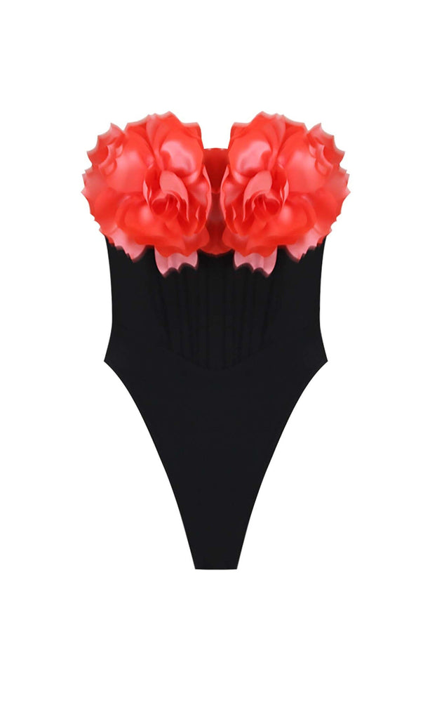 FLORAL APPLIQUÉD CORSET SWIMSUIT IN BLACK DRESS OH CICI 