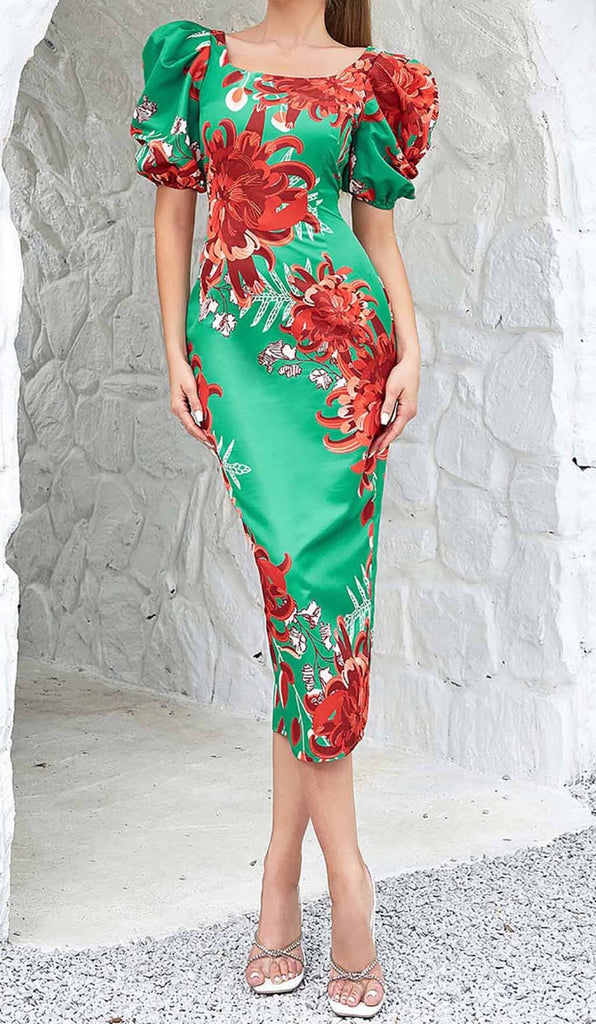 FLORAL PRINT PUFF SLEEVED OPEN BACK MIDI DRESS IN GREEN DRESS STYLE OF CB 