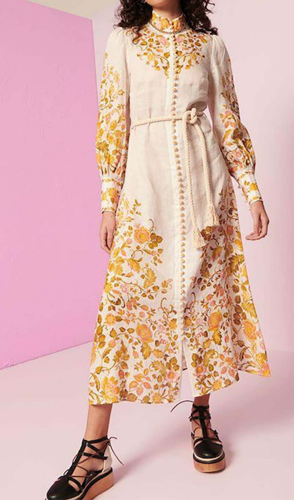 FLORAL-PRINT ROPE BELT MIDI DRESS IN IVORY DRESS OH CICI 