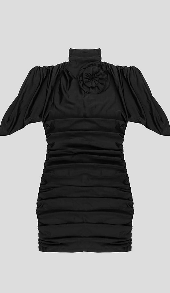 FLOWER-EMBELLISHED RUCHED MINI DRESS IN BLACK DRESS oh cici 
