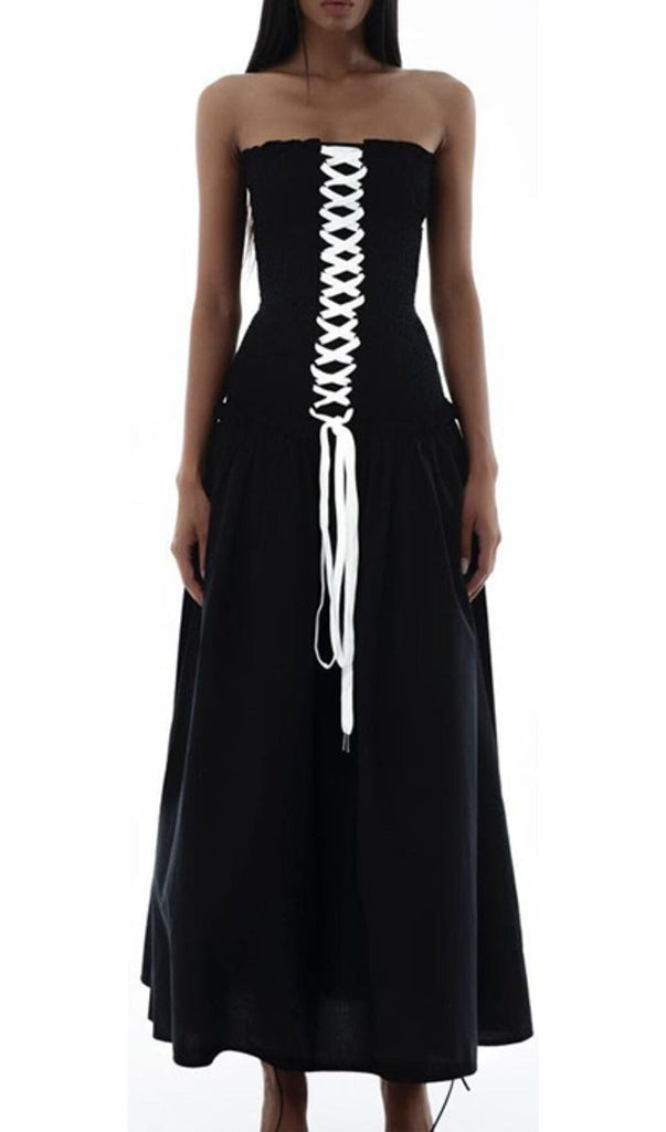 FRONT LACE UP STRAPLESS MAXI DRESS IN BLACK DRESS OH CICI