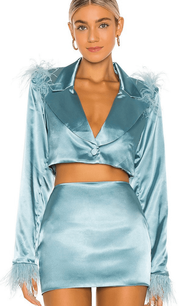 BLUE FEATHER LONG SLEEVE TWO PIECE SUIT-Oh CICI SHOP