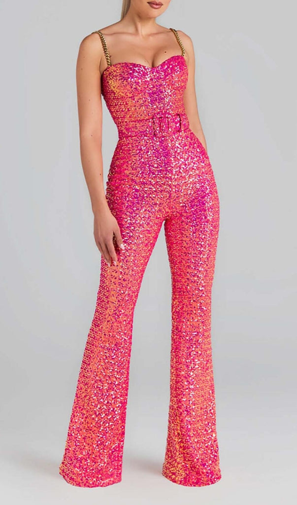 GLITTER FLARED TROUSER JUMPSUIT IN PINK DRESS OH CICI