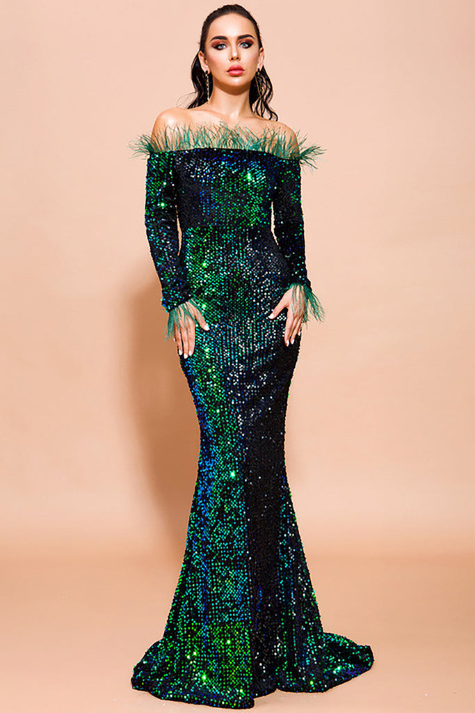 Off Shoulder Feather Long Sleeved Sequin Evening Dress-Sequins Dress-Oh CICI SHOP