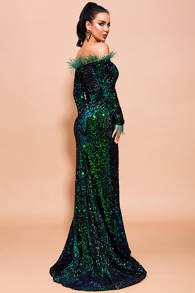 Off Shoulder Feather Long Sleeved Sequin Evening Dress-Sequins Dress-Oh CICI SHOP