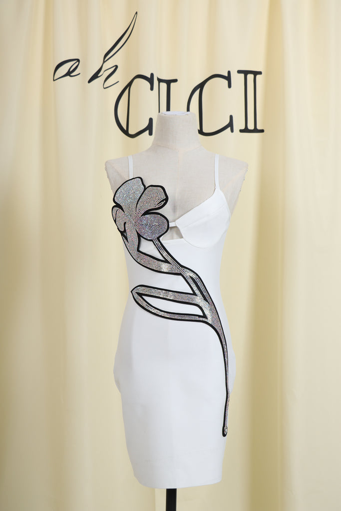 CRYSTAL FLOWER BANDAGE MINI DRESS-Dresses-Oh CICI SHOP