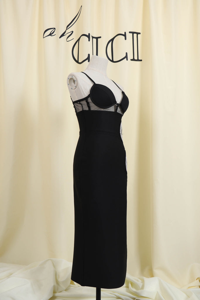 BLACK CRYSTAL CUTOUT MIDI BANDAGE DRESS-Dresses-Oh CICI SHOP