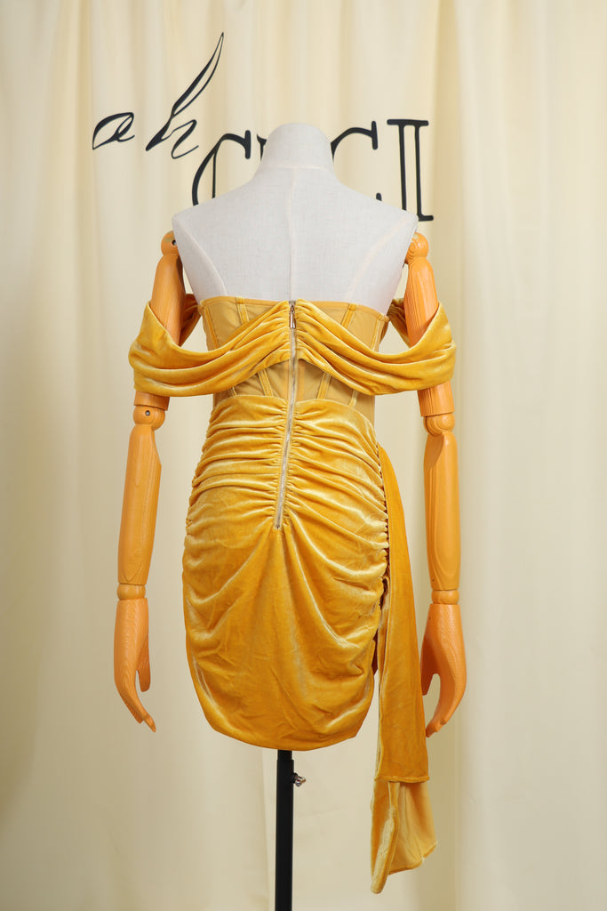 YELLOW DRAPING OFF SHOULDER CORSET DRESS-Dresses-Oh CICI SHOP