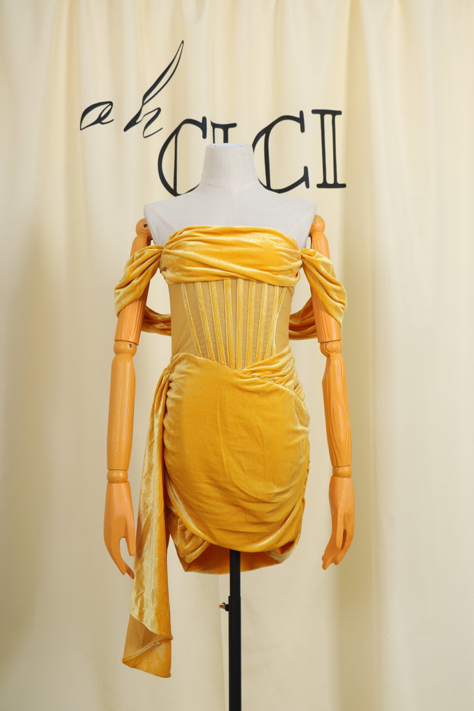 YELLOW DRAPING OFF SHOULDER CORSET DRESS-Dresses-Oh CICI SHOP