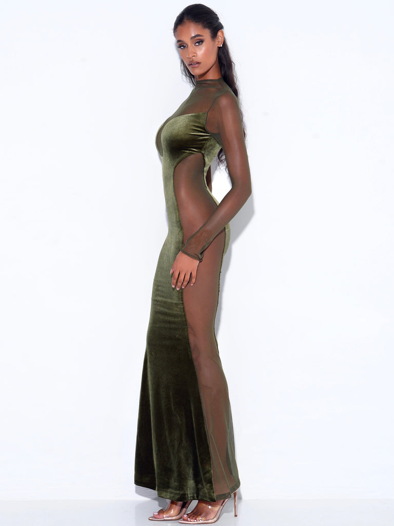 Olive Green Velvet Mesh Long Sleeve Gown-Dresses-Oh CICI SHOP