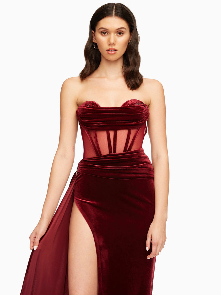 Burgundy Draping Crystal Corset High Slit Velvet Gown-Dresses-Oh CICI SHOP