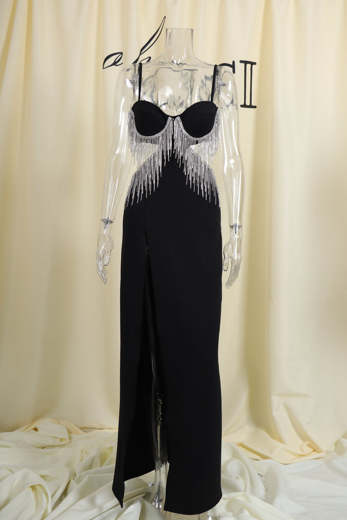 BLACK DIAMOND TASSEL SLIT MAXI DRESS-Dresses-Oh CICI SHOP