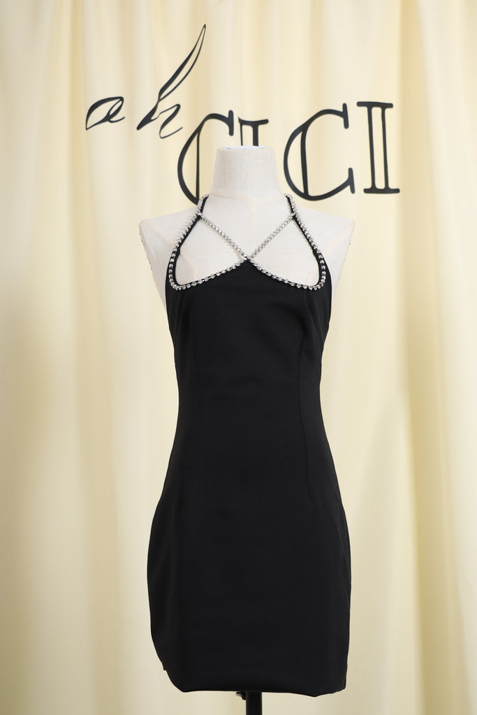 BLACK HALTER STRAPLESS BANDAGE MINI DRESS-Dresses-Oh CICI SHOP