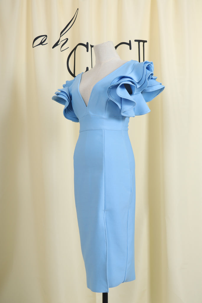 BLUE V NECK SPLIT MIDI DRESS-Dresses-Oh CICI SHOP