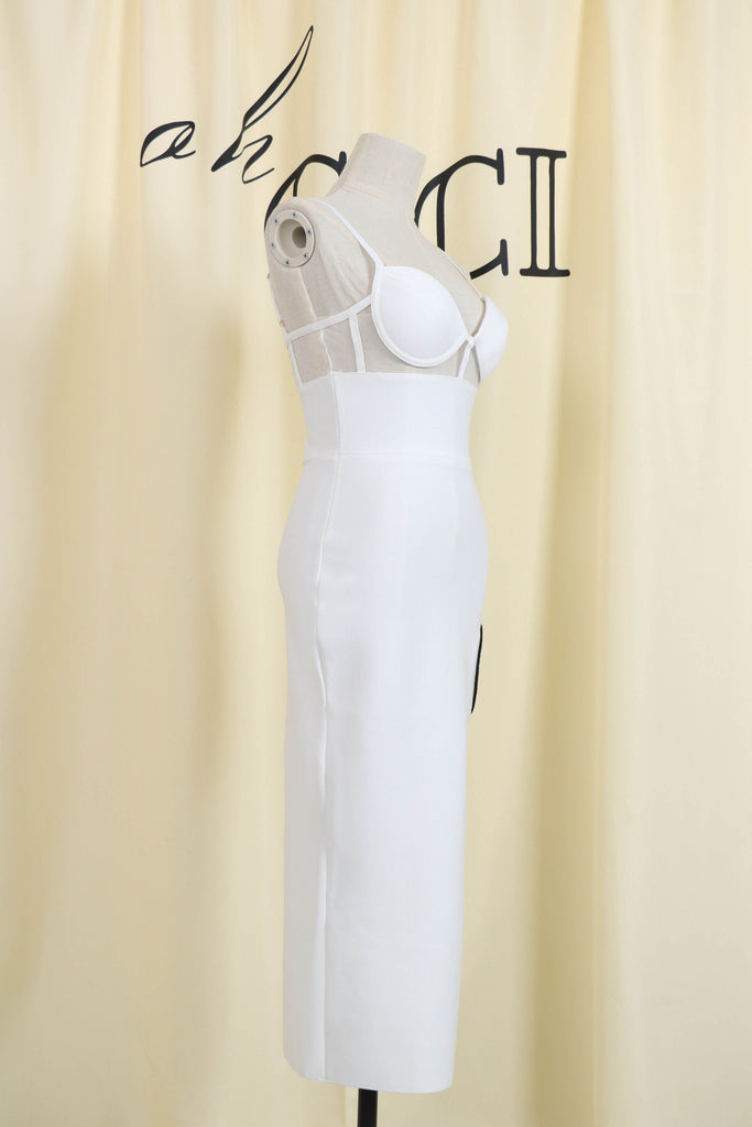WHITE DIAMANTE MIDI BANDAGE DRESS-Dresses-Oh CICI SHOP