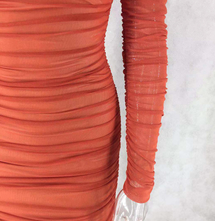 ORANGE RUCHED LONG SLEEVE MESH BANDAGE MIDI DRESS-Dresses-Oh CICI SHOP